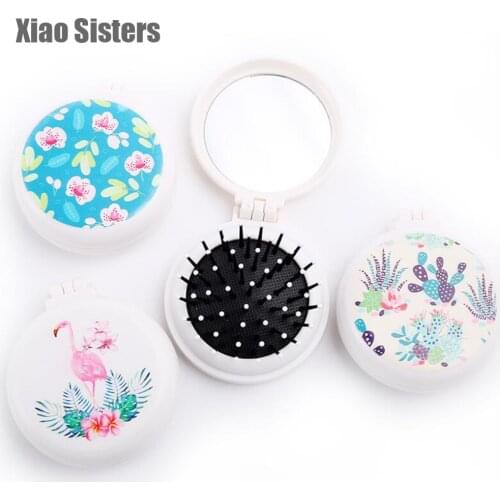 Portable Round Pocket Comb Small Size Travel Airbag Massage Cactus cute Folding Comb Girl Hair Brush With Mirror Styling Tools