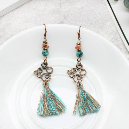 Retro Totem Auspicious Clouds Colorful Hanging Beads Pink Stone Earrings Ethnic Style Colored Fringed Bohemian Earrings