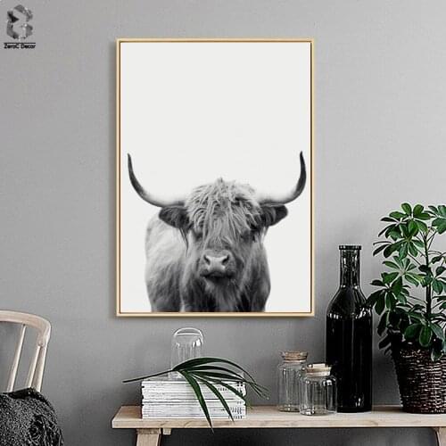 Modern Canvas Painting Black and White Highland Cattle Posters Prints Nordic Wall Art Cow Pictures for Living Room Home Decor