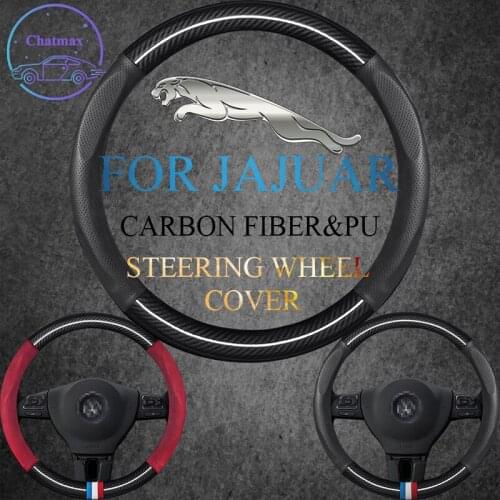 Carbon Fiber&PU Leather Steering Wheel Cover Universal For Jaguar F-Pace I-Pace F-Type XE XF E-Pace XK 37-38cm Sport Car Styling