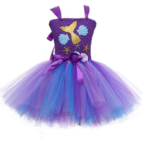 Mermaid Purple Flower Kids Girls Party Tutu Dresses Sea Shell Star 1-14 Year Children Cosplay Carton Theme Clothes Outfits