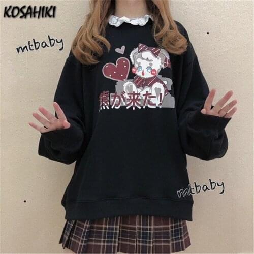 KOSAHIKI 2021 Spring Lace O Neck Japanese Kawaii Women Hoodies Harajuku Loose Pullovers Cartoon Bear Print Casual Sweatshirts