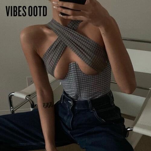 VIBESOOTD Fashion Plaid Cross Halter Sexy Cut-Out Crop Tops Women Sexy Backless Cropped Feminino Top 2021 Summer Streetwear
