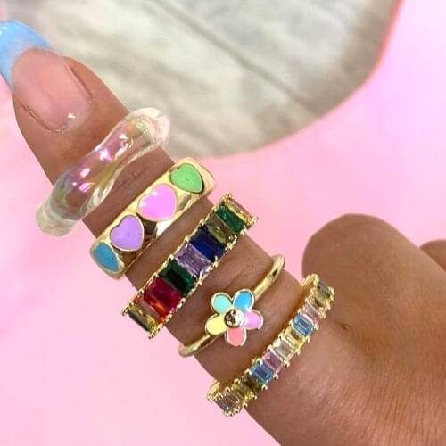 Y2K Jewelry Rainbow Flower Smiley Rings For Women Metal Vintage Punk Fashion Goth INS Ring Charms 90s Aesthetic 2021 New