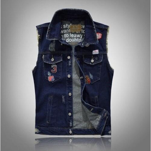 Yelek erkek Mens Patches Design Jeans Vest Ripped Denim Waistcoat Men Denim Vest Man Sleeveless Jeans Vest Frayed size 4XL