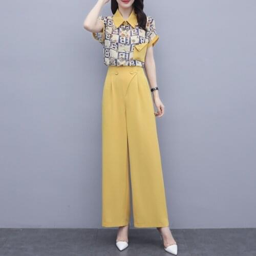 Womens Fashion Summer Spring Pants Suit Casual Print Shirt Blouse +Wide Leg Pant Female 2 Pieces Sets Loose Clothes