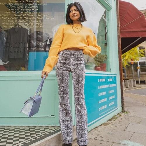 High Waist Women Trousers Flare Pants E-girl Aesthetic Wood Stripe Print Women Pants Casual Trousers Harajuku Long Pants