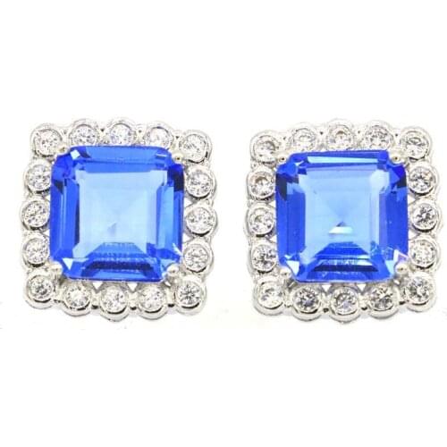 17x17mm Anniversary Square Shape Created Violet Tanzanite Pink Tourmaline CZ For Girls Daily Wear Silver Stud Earrings