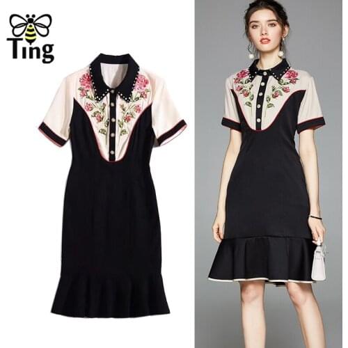 Tingfly Vintage Elegant Black Summer Mermaid Knee Length Dress Women Beading Lapel Collar Office Casual Vestidos Clothes Lady