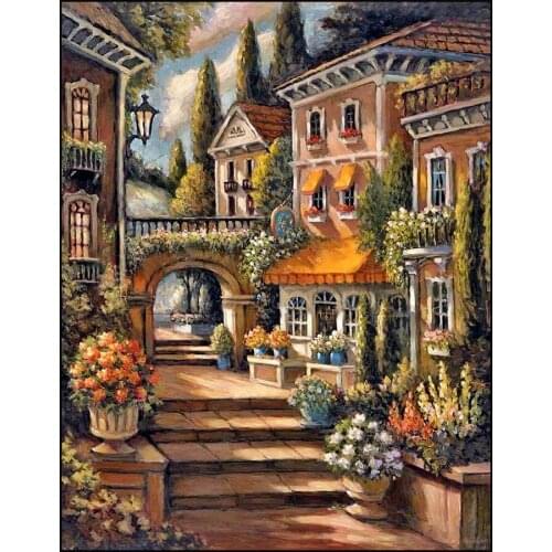 5D DIY Diamond Embroidery Landscape Romantic Town and Flowers Full Square / Round Rhinestone Mosaic Picture Diamond Painting Kit