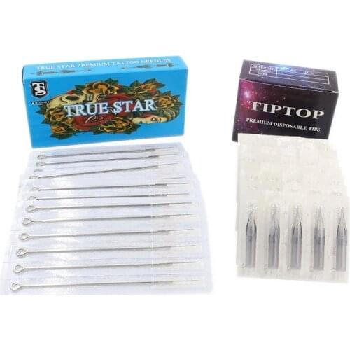 7RL+7RT) 50pcs True Star Tattoo Needles & 50pcs TIP TOP Tattoo Tips for Tattoo Machine Gun Microblading Naalden Supply