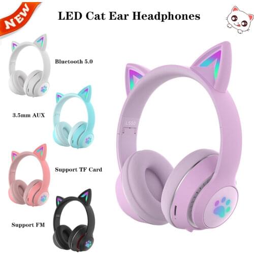 New LED Cat Ear Headsets Cute Wireless Headphones Bluetooth 5.0 Gaming Headset With Mic Best Gift Support TF card FM Radio