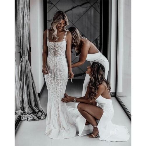Glitter Morden Sexy Lace Beading Mermaid Wedding Dresses Square Collar Spaghetti Straps Backless Bridal Beach Wedding Gown 2021