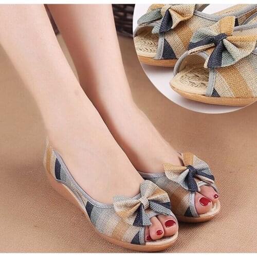 2020 Summer Bow Tie Women Sandals Female Canvas Peep Toe Wedges Ladies Casual Shoes Women Slip on Platform Womens Footwear