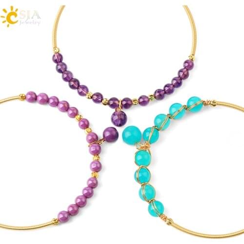 CSJA Gold Color Cuff Bracelet 6mm Natural Stone Bead Bangle Wire Wrapped Soft Copper Bracelets Women 2021 Delicate Jewelry G664