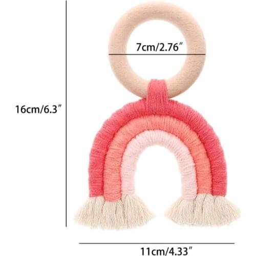 Rainbow Tassel Macrame Wooden Boho Baby Teether Cotton Cord Wood Teething Toy Shower Gift D7YD
