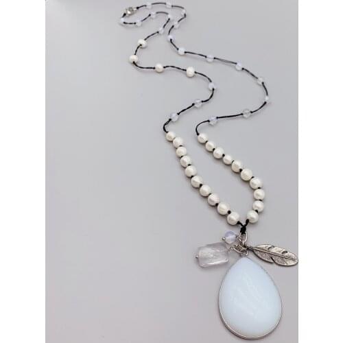 FoLisaUnique Tear Drop Moonstone Pendant Long Necklace For Women Girls 7-8mm White Freshwater Pearls Casual Trendy Jewelry 30"