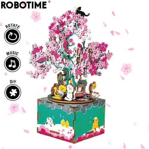 Robotime 148pcs Rotatable DIY 3D Cherry Tree Cat Wooden Puzzle Game Assembly Music Box Toy Gift for Children Kids Adult AM409