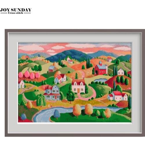 Oil Painting Village Cross Stitch Landscape DIY Handwork 14CT 11CT DMC Chinese Embroidery Needlework Set Counted Ptinted Canvas