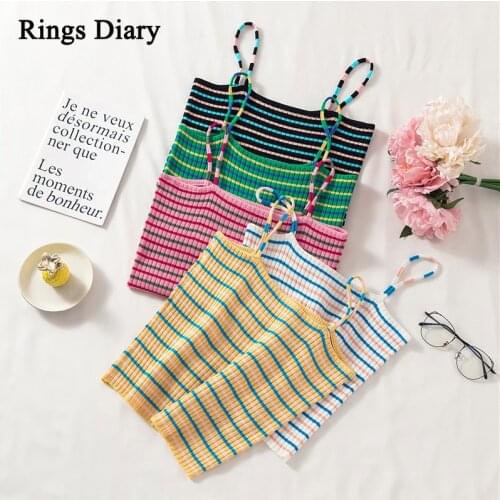 Rings Diary Women Knitting Striped Tops Summer Spaghetti Strap Camisole Slim Fit Rainbow Stripe Sweet Kniited Crop Top For Girls
