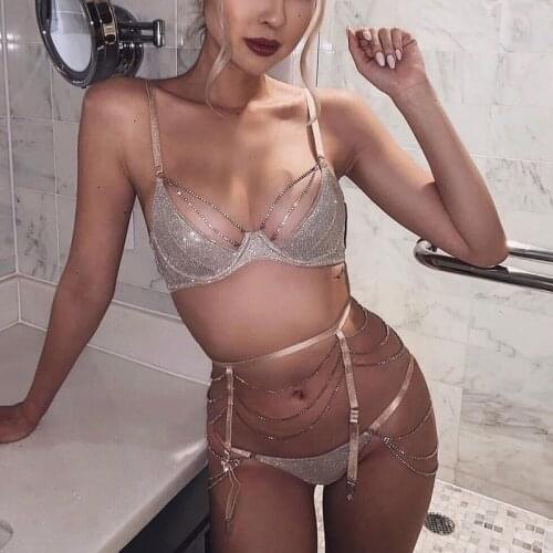 Silver Shiny Diamante Bikini Set Spaghetti Strap Low Neckline Bra High Cut Panties Patchwork Waist Chain Seaside Biquini Sets