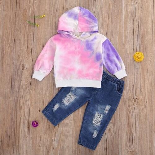 Newborn Baby Girls 2Pcs Outfit Set Long Sleeve Tie-dye Hoodied Top and Denim Pants Jeans Set for Kids Baby Boy Clothes 1-6 Years