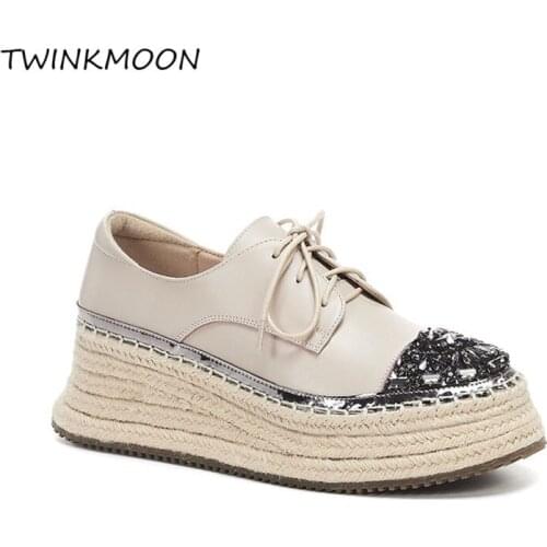 Leather Wedges Womens Sneakers Crystal Metal Toe Design Platform Casual Shoes Leather Lace Up Chunky Sneakers 2020