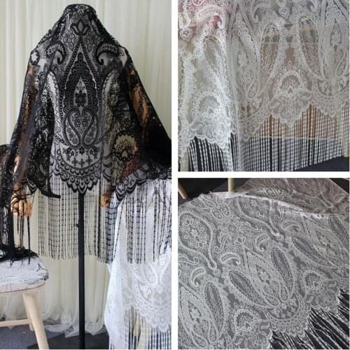 Wide 130cm*Long 150cm Eyelash Tassel Lace Fabric Lace Trim Wedding Dress DIY Curtains Clothes Sew Accessory Black White
