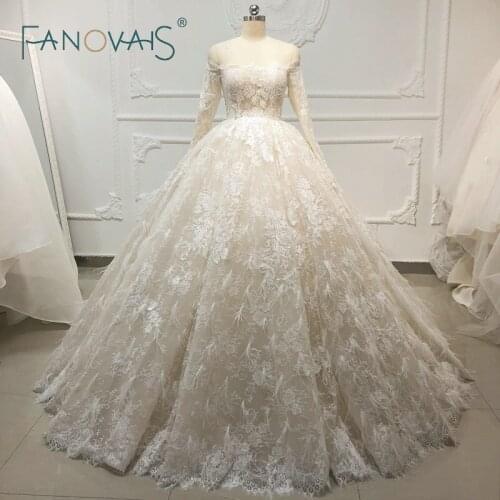 Boat Neck Off Shoulder Champagne Wedding Dresses Long Sleeves Ball Gowns Vestido De Novia with Festher Bridal Gowns 2019