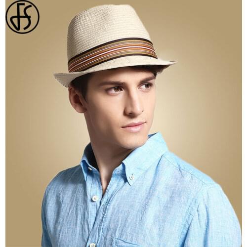 FS Summer Hat Men Panama Straw Hat Fedora Beach Wide Brim Sun Hats For Man Sombrero 2021 Ribbon Trilby Gangsters Gentlemen Caps