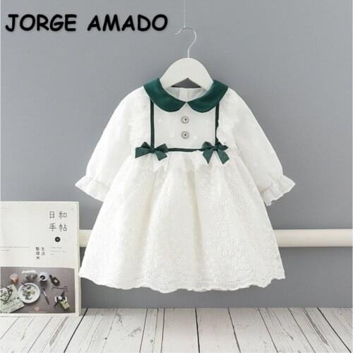2021 New Spring Summer Girls Dresses Long Sleeve Green Bow Princess Dress Baby Collar Kids Clothes E9116