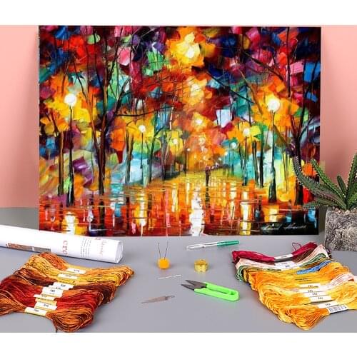 Fall Alley Printed Fabric 11CT Cross-Stitch DIY Embroidery Patterns DMC Threads Knitting Painting Needlework Hobby Room Magic