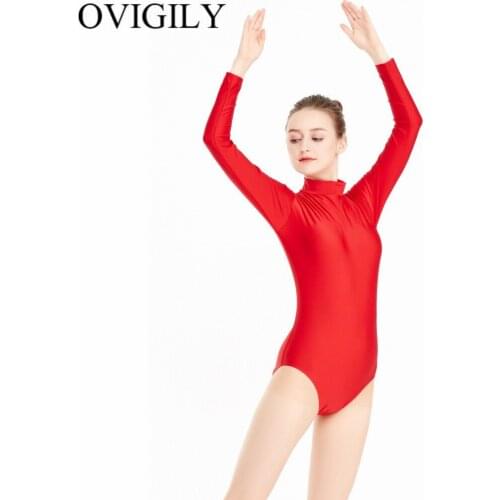 OVIGILY Womens Red Stretchy Long Sleeve Gymnastics Dance Leotard Adults Spandex Turtleneck Leotards Ballet Dancewear Black Tops