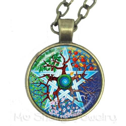 Tree of Life Necklace Pentacle Pattern Picture Glass Cabochon Jewelry Accessories For Men Women Sweater chain Gift For Friends