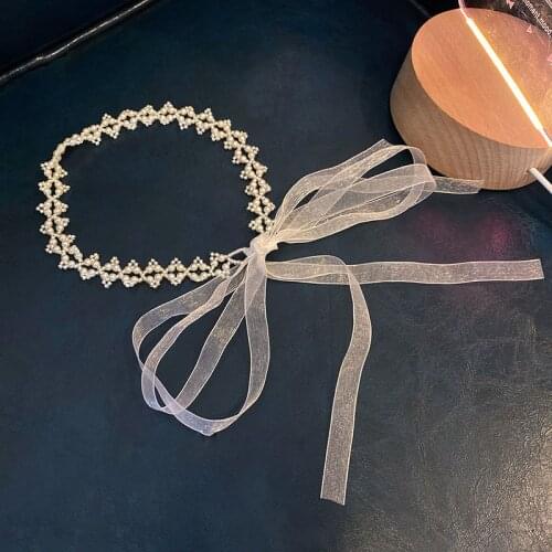 Origin Summer Fairy White Pearl Bow-knot Ribbon Hairband for Women Girls Korean Fashion Beaded Hollow Wedding Hair Accessories