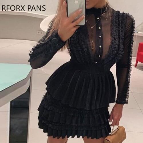 Mock Neck Sheer Mesh Insert Ruffles Buttoned Dress
