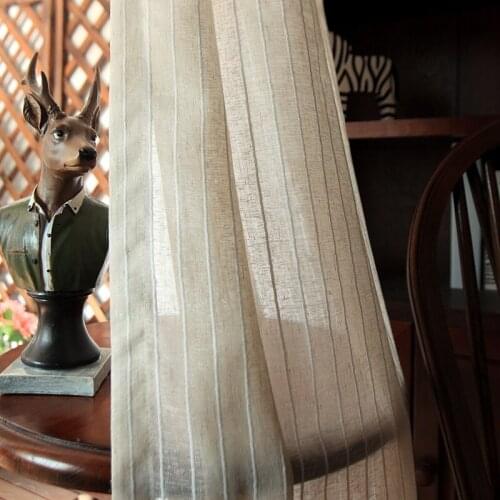 Luxury Semi-Blackout Natural Cotton Linen Striped Curtains for Living Room Finished Voile Vertical Grain Curtain for Villa Cafe