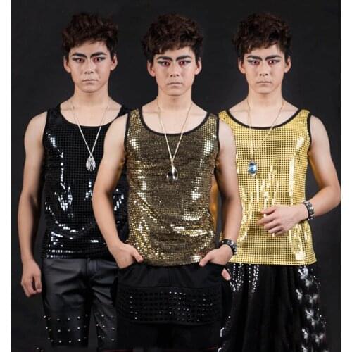 Jazz Dance Tops Men Sequin Nightclub Singers Vest DJ DS Gogo Hip Hop Dancer Stage Outfit Sleeveless Performing Clothes DNV10462