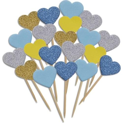 20 Pieces/Lot Lovely Blue Silver Heart Cupcake Toppers Cake Party Supplies Birthday Wedding Party Decoration Supply