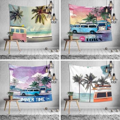 Spring Summer Sea and Bus Tapestry Wall Hanging Coconut Tree Landscape Carpet Wall Cloth
