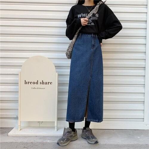 VSUE Women Classic Long Denim Skirt Vintage Split High Waist Jeans Skirt with Belt Straight A-line Pencil Skirt Elegant S3003