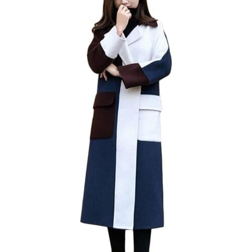 New Autumn Winter Stitch Contrast color Woolen Jacket Large size Women Long Wool coats High quality Womens Casual Overcome F471