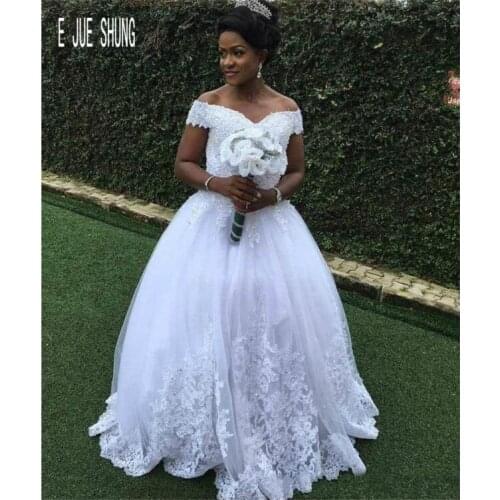 E JUE SHUNG African Princess Wedding Gowns Off Shoulder Lace Up Back Wedding Dresses Luxury Appliques Beading vesitdo de novia