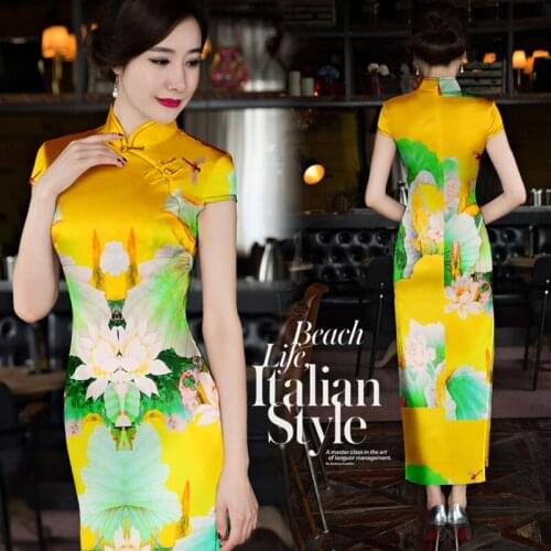 1.08 Meter X 1 Meter White Lotus Flower Print Yellow Stretch Painted Fabric Silk Satin Dress Sewing Material