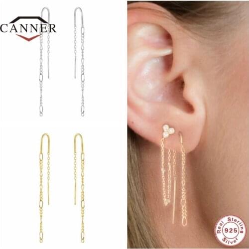 CANNER 100% Sterling Silver 925 Rivet Diamond Tassel Chain Stud Earrings for Women Piercing Earring Jewelry Pendientes Brincos