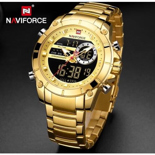 NAVIFORCE Mens Watches 2021 Luxury Gold Dual Display Digital Sports Quartz Wrist watch Stainless Steel Waterproof Analog Clock
