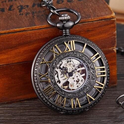 Vintage Mechanical Pocket Watch Men Women Fashion Roman Numerals Wood Hollow Fob Chain Hand Wind Steampunk Clock Skeleton Watch