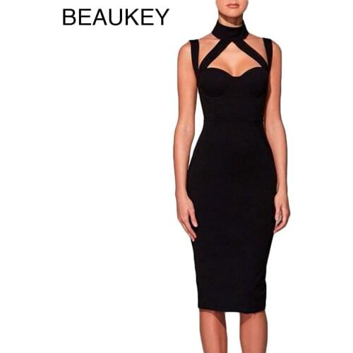 Black Open Fork Halter Straps Knitted Elastic Claasic New Fashion Sexy Woman Bodycon Bandage Dresses