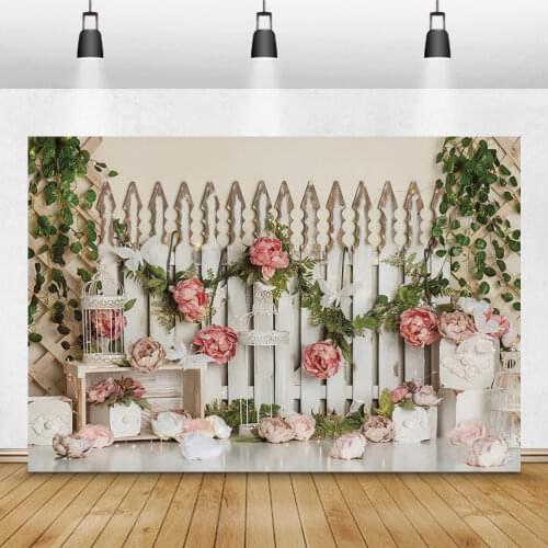 Laeacco Spring Flowers Fence Floor Baby Shower Photography Backdrop Newborn Baby Birthday Party Interior Background Photo Studio