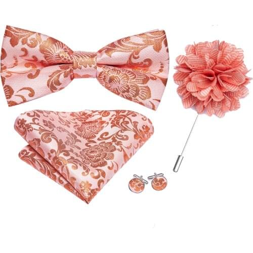Hi-Tie Classic Wedding Party Brooch Bowtie Set Silk Floral Peach Coral Red Brooch Men Bow Tie Pocket Square Cufflinks Set